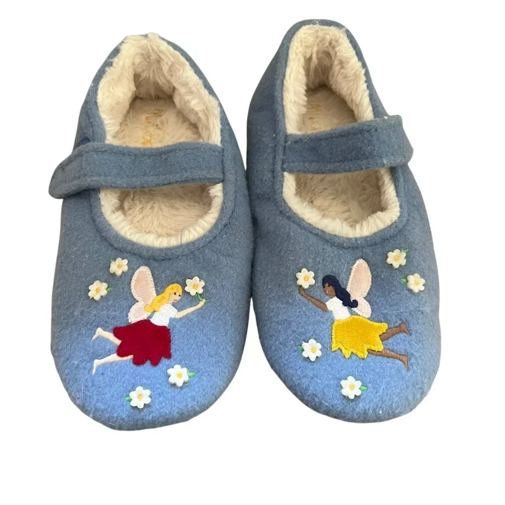 Mini Boden Girls Size 5 Blue Felt Fairy Design Faux Fur Lined Mary Jane Slippers